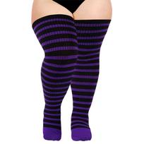 Women Halloween Christmas Thigh High Socks Large Size Striped Knitted Over Knee Stockings Leg Warmers for Thick Thighs Without elastic buck black