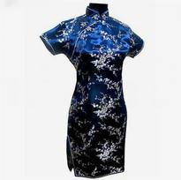 Juoda Tradicinė Kinų Suknelė Moteriška Suknelė Moteriška Satino Qipao Mini Cheongsam Gėlė M tamsiai mėlyna spalva