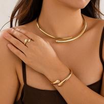 Punk Geometric Water Drop Choker Necklace Bracelet Ring for Women Trend Gold Color Open Cuff Bangle Jewelry Set Party Gift brown