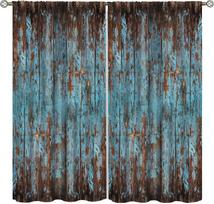 Farmhouse Retro Wooden Curtains Rustic Vintage Brown Blue Plank Texture Prints Window Treatments Curtain Light Blocking With Rod Pocket Polyester W100*H70(CM)-Hooks&1PCS