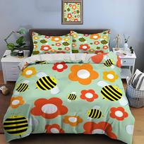 Cartoon Bees With Vibrant Flowers Bedding Set For Kids Luxury Gift 3Pcs Digital Print Comforter Set Soft Comfortable Breathable (as the picture,EU Twin 135X200cm&set) orange