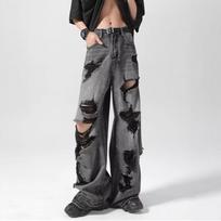 American retro fashion ripped old washed black straight casual wide leg ripped casual jeans trousers men XXXL gray