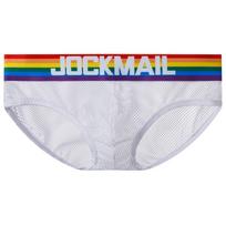Kelnaitės JOCKMAIL Kvėpuojantis seksualus nailono audinys, vyriškas apatinis trikotažas žemu juosmeniu sportinės vaivorykštės spalvos dryžuotos apatinės kelnės M balta