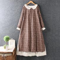 Spring Retro Japanese Style  Embroidery Cotton and Linen  Flower Loose Long-sleeved Dress Midi Dress One Size gray