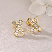 Elegant Real Gold Plated Cross Zirconia Earrings, Screw-in Style, Micro-inlaid Letter X Studs beige