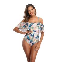 Moteriškas maudymosi kostiumėlis su gėlėmis trikampiu, vientisu nuo peties, konservatyvus bikini raukiniais margintais maudymosi kostiumėliais S beige