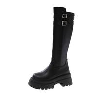 Women's Autumn Winter 2025 New Retro Round Toe Thick Soled High Top Boots with Thick Heels and Leather Buckle Elastic Slim Boots 35 black