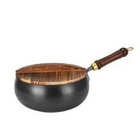Rankomis kalta geležinė puodynė, Didelio pilvo puodas, Rankų darbo kalimo mažas wok, Mini mažas geležinis puodas, Ne padengtas ir nelimpantis buitinis wok 24cm+wooden cover brown