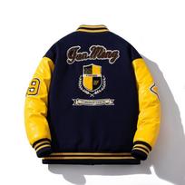 Unisex Oversized Winter Jacket With Embroidery Wool-Blend Body PU Sleeves Stand Collar Loose Fit Streetwear Large yellow