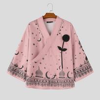 INCERUN Men's Ethnic Kimono Shirts 3/4 Sleeve Button Print 3D Flower Loose Casual  Oversized Tops 5XL gray