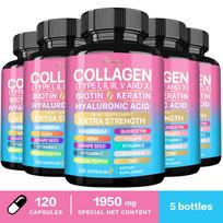 Kolageno peptido kapsulės su biotinu, keratinu, vitaminu C, vitaminu E, cinku, magniu ir odos sveikatos palaikymu. 120*5
