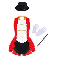 Mergaitės Cirkas Ringmaster Kostiumas Be Rankovių Iškirpta Nugaros Bodis Skrybėlaitė Magijos Lazdelė Pirštinės Helovino Cosplay Rinkinys 15-16 Years red