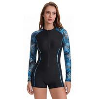 New long-sleeved swimsuit women's one-piece flat-angle sports sunscreen tight surf suit European and American swimwear 3XL black