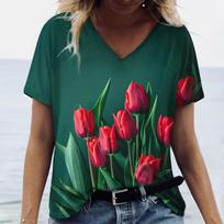 Moterų marškinėliai su tulpių spauda Viršutiniai drabužiai T-shirt'ai Negabaritiniai T-shirt'ai Vasaros Naujos mados Moterų drabužiai Gėlių V formos iškirpte T-shirt'ai Moteriški viršutiniai drabužiai S blue