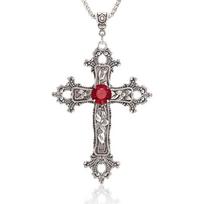 Large Gothic Cross Necklace Silver-Tone with Glass Stone - Chain for Women & Men, Halloween Jewelry