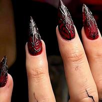 24PCS Long Stiletto Press on Nails Black Red Gradient Sweet Cool Spider Line Rhinestone False Nails Dark Gothic French Nail Tips brown