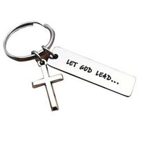 Let God Lead Cross Stainless Steel Keychain Religious Inspirational Design Fashion Bag Pendant Practical Daily Gift black