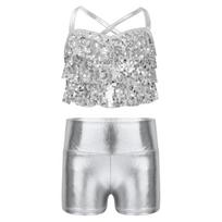 Girls Shiny Metallic Glittery Sequins Cross Back Crop Top Tiered Ruffles Shorts Jazz Dance Set 13-14 Years