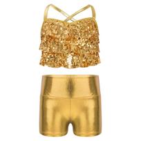 Girls Shiny Metallic Glittery Sequins Cross Back Crop Top Tiered Ruffles Shorts Jazz Dance Set 5-6 Years brown