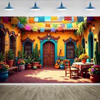 One May 5th background banner - a vibrant Mexican carnival scene, Mexican party decoration 59×39inch/150*100cm