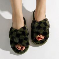 Plaid Women Slippers Autumn Fashion Checkered Cross Plush Slippers Open Toe Flat House Slippers Flannel Warm Home Cotton Shoes EUR 40-41 gray