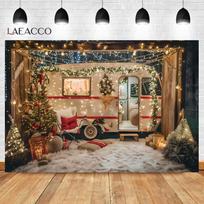 Laeacco Christmas Camper Pography Backdrop Winter Snowy Pine Trees Mini Bus Baby Birthday Family Holiday Portrait Background Thin Cloth 150x100cm beige