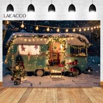 Laeacco Christmas Camper Pography Backdrop Winter Snowy Pine Trees Mini Bus Baby Birthday Family Holiday Portrait Background Thin Cloth 150x100cm brown