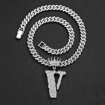 Cross-border New Hip Hop Full Diamond Letter V Pendant Men's Necklace gray