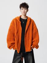 Unisex Retro Dopamine Cable Knit Hooded Cardigan - Autumn Lazy Style, Loose Fit Sweater XL orange