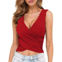 Women Sexy Cross Wrap Ruched Solid Crop Tank Top Slim Fit L beige