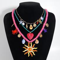 3PCS Dopamine Summer Vacation Beaded Necklace Heart Ocean Style Pendant Necklaces pink