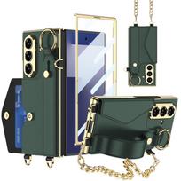 Samsung Z Fold7 Wristband Case: Fashionable Electroplated Leather with Card Holder and Lanyard Fold8 Ultra black