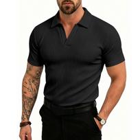Vyriški tampri, kvėpuojanti polo marškinėliai V formos iškirpte, briaunoto mezgimo, trumpomis rankovėmis, kasdienis, lengvas vasaros viršus XXXL black