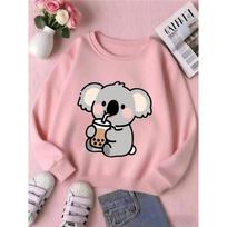 European sizes Kids' Cute Koala Drinking Bubble Tea Hoodie - Soft Round-Neck Pullover Sweatshirt, Spring/Fall Casual Wear with Bubble Tea Print 170