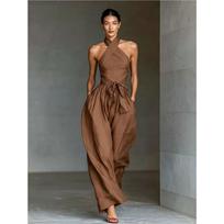 Women Halter Neck Cross Front Jumpsuit Solid Color Waist Tie Pocket Loose Fit Palazzo Jumpsuit S black