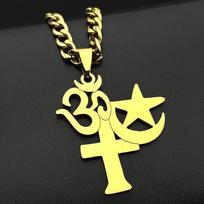 Multi-Religious Yoga Om Moon Star Cross Necklace Women Men Stainless Steel Gold Color Christian Islam Hinduism Pendants Jewelry