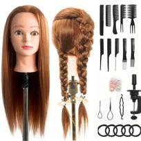 Synthetic Fiber Hairdresser Practice Styling Training Head, Human Model Doll Head, with Free Rubber Band and Hairdressing 2028 brown