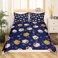 Maneki Duvet Cover Set,Japanese Lucky Cat Duvet Cover Neko Gold Coin Japanese Style Cute Bedding Set Cat Comforter Cover 135×200cm