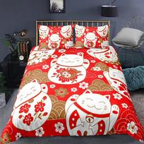 Maneki Duvet Cover Set,Japanese Lucky Cat Duvet Cover Neko Gold Coin Japanese Style Cute Bedding Set Cat Comforter Cover 135×200cm red