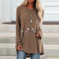 Vasarinė didelio dydžio moteriška tunika Laiski medvilniniai marškinėliai ilgomis rankovėmis apvalia iškirpte su gėlių raštu Madingas viršutinis drabužis 4XL gray