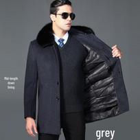 Men's Winter Wool Overcoat with Real Fur Collar and Detachable Liner - Knee-Length Jacket for Middle-Aged and Elderly 175/92A black