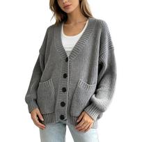 Women's V-Neck Knit Cardigan Sweater, Oversized Longline Coat with Pockets, Casual Fall Winter Outerwear S