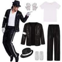 Michael Jackson Sequin Costume Men Stage Performance Cosplay Outfit Disco Party Silver M black