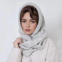 Beanie Knitted Balaclava Hat Solid Color Cross Hooded Cap Cute Hat and Scarf 2-in-1  Winter/Autumn gray