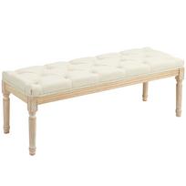 Linen Upholstered Bed End Bench, Carved Rubberwood Frame, 115 cm Wide, Cream