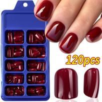 120pcs Glossy Dark Red Almond Press On Nails Medium Length Cherry Red Fake Nails Jelly Soft Gel Stiletto Acrylic False Nails Tip blue