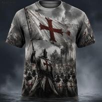 Halloween Men's Knights Templar Crusaders Cross T Shirt Short Sleeve T shirt 3D Print Crew Neck Shirt Gothic Street Dark Party XXXL gray