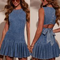 Fashion Sexy Sleeveless Pleated Waist Cinched Denim Midi Dress For Women XL beige