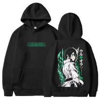 Vintage BLEACH Ulquiorra Unisex Pullover Hoodie, Anime Espada Green Slash Front And Back Print Cotton Street Style Top M black