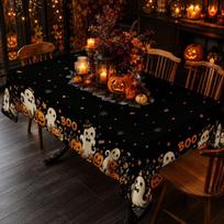 VIKAMA Halloween Tablecloth Spooky BOO Ghost Pumpkin Black Cat Linen Tablecloth Farmhouse Dining Table Halloween Party Decor 140X180CM(5X5.9FT
